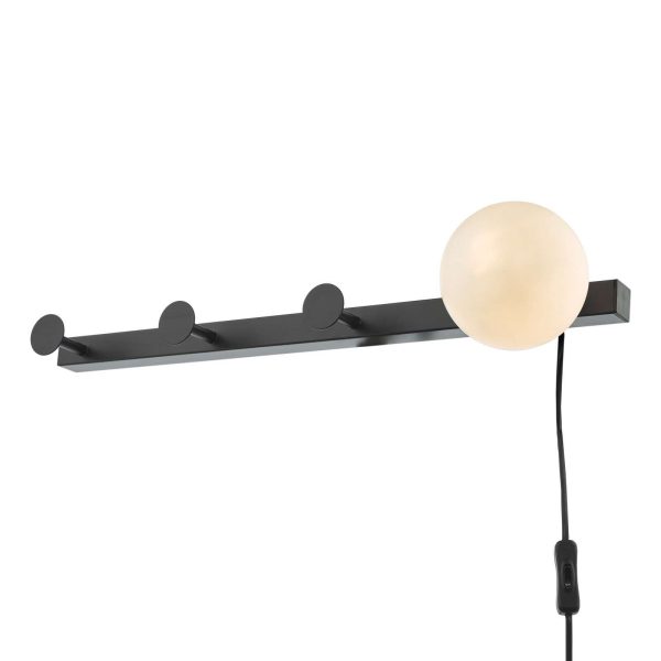 Rack Wall Light & Coat Hook Matt Black Opal Glass - Plug in