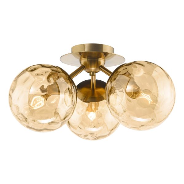 Ulrika 3 Light Semi-Flush Antique Brass and Amber Glass