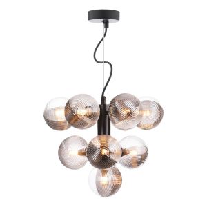 Vine 10 Light Pendant Satin Black & Smoked/Clear Ribbed Glass